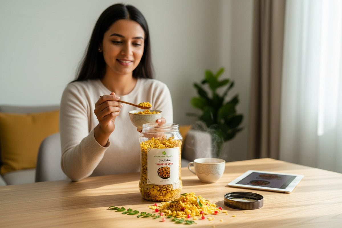 Organic poha mix close-up in bowl