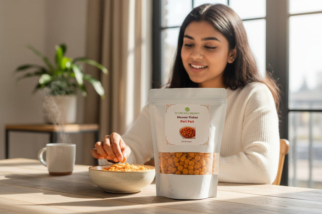 Organic masoor flakes peri peri close-up